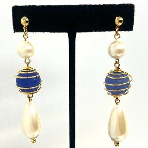 VINTAGE AVON SPIRAL Cage Blue Bead Drop Earrings Faux Pearl Dangle Pierced 80S